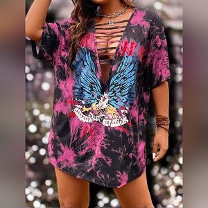 SHEIN Women's Coolane Plus Tie Dye Wings Print Ladder Cut Out Drop Shoulder Tee
